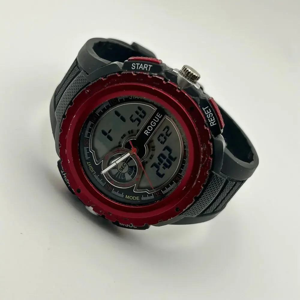 Rogue Red Black Stainless Steel Analog Digital Men’s Watch Working New Battery